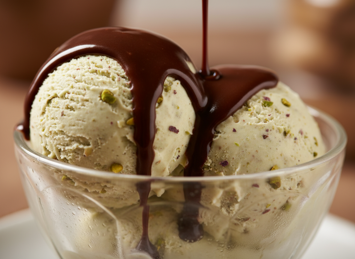 Sorvete de Pistache com Calda de Chocolate