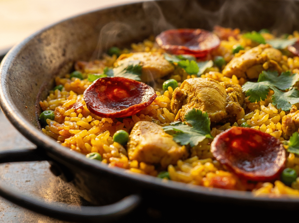 Firefly_Gemini Flash_Extreme close-up macro food photography of a vibrant Indian-Spanish fusion Paella in  270992