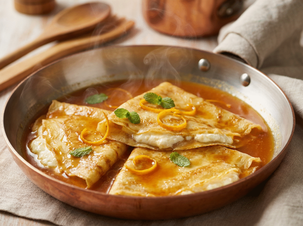 Firefly_Gemini Flash_Hyper-realistic food photography close-up shot of Naleśniki Suzette, folded golden cr 764399