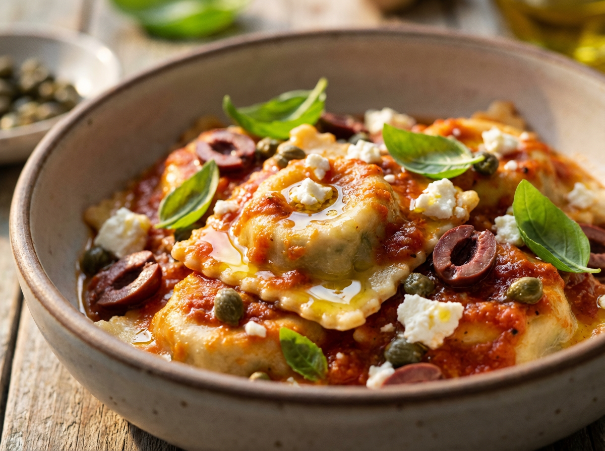 Ravióli de Ricota e Espinafre com Molho de Tomate, Azeitonas, Alcaparras e Feta